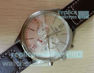 Copy IWC Portofino Watch - Silver Chronograph Dial Black Leather Strap